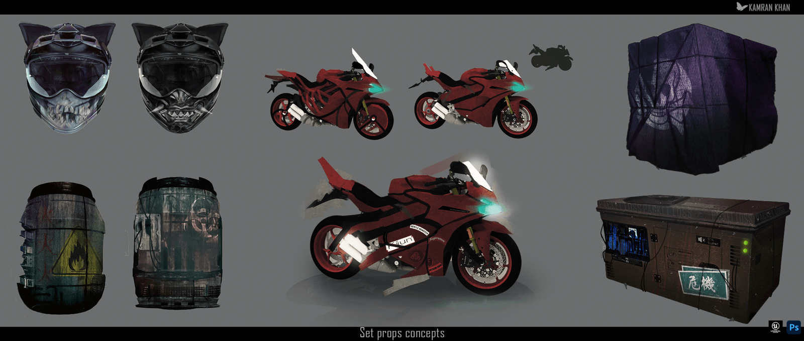 Prop concepts showing red motorcycles, helmets, barrels, a covered container and a storage crate