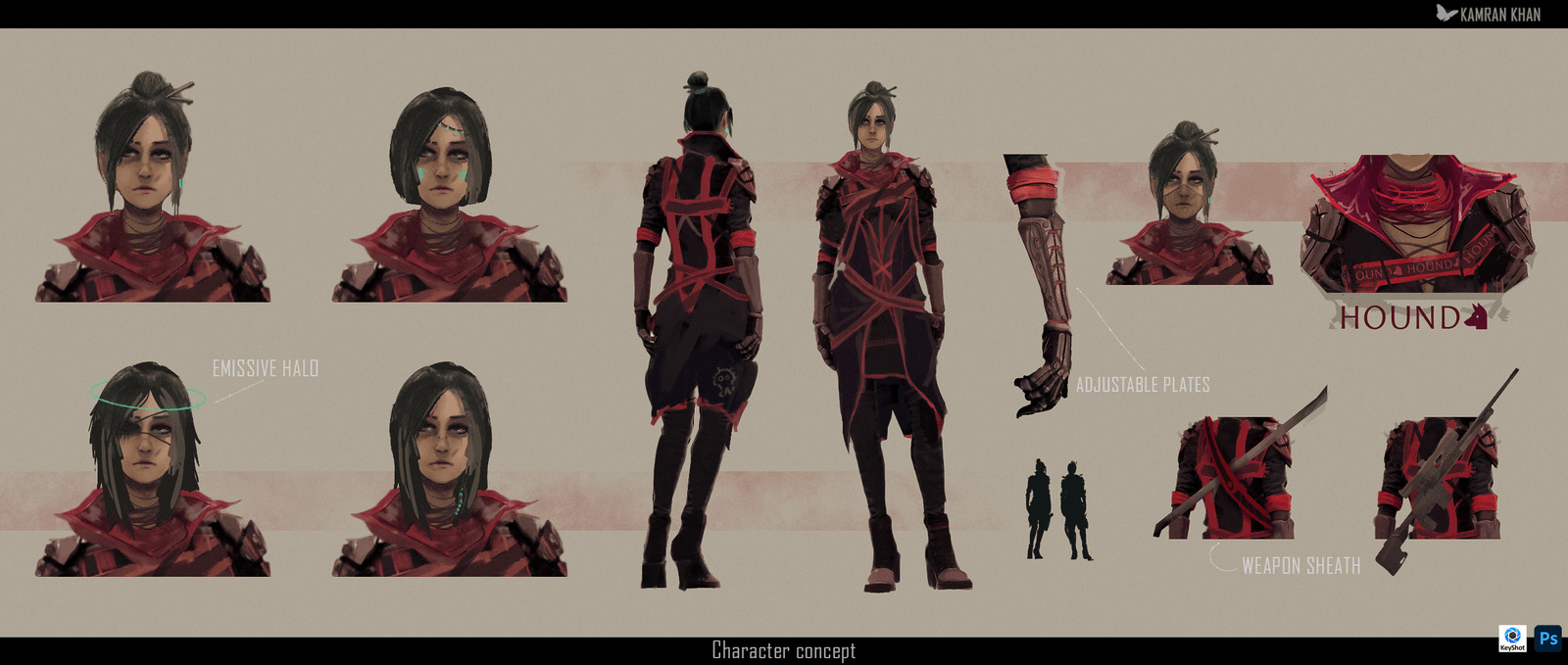 Character sheet showing a woman in red and black clothing, with front and back views and costume details