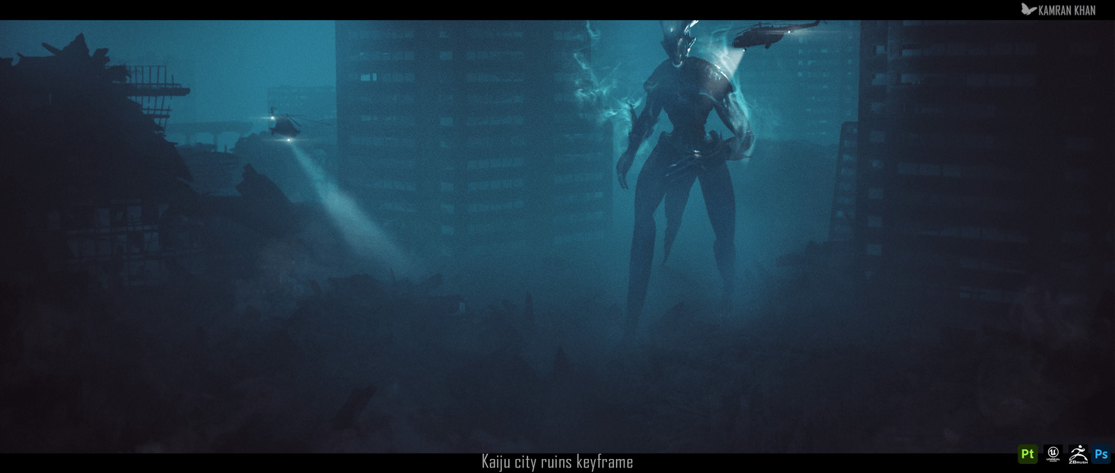 Giant humanoid kaiju towers between ruined buildings in a blue-lit city