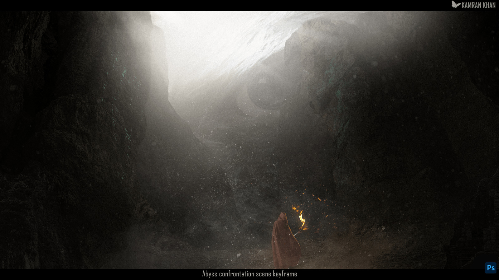 Small figure holding a flame faces an enormous creature in a dark cavern