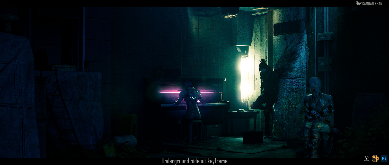 Underground hideout with two figures, a glowing doorway and a pink-lit workbench
