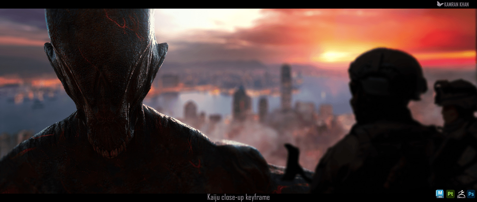 Close-up of a dark, sharp-toothed kaiju facing soldiers above a city at sunset