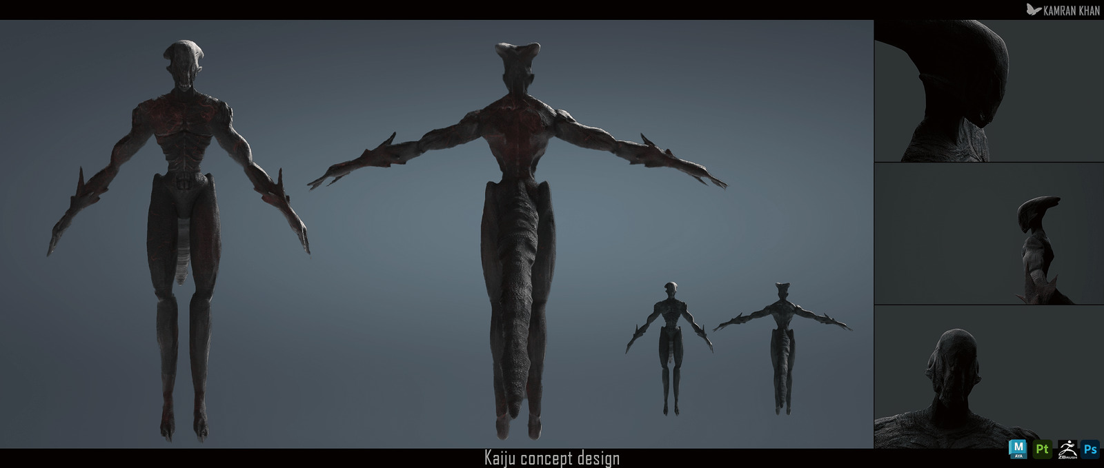 Humanoid kaiju with long limbs, shown from the front and back with head close-ups