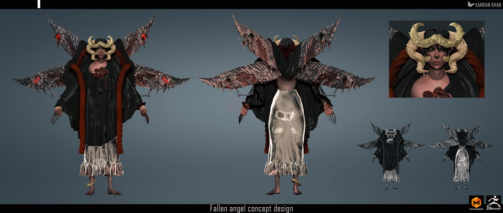 Fallen angel character with a horned mask and multiple wings, shown from the front and back