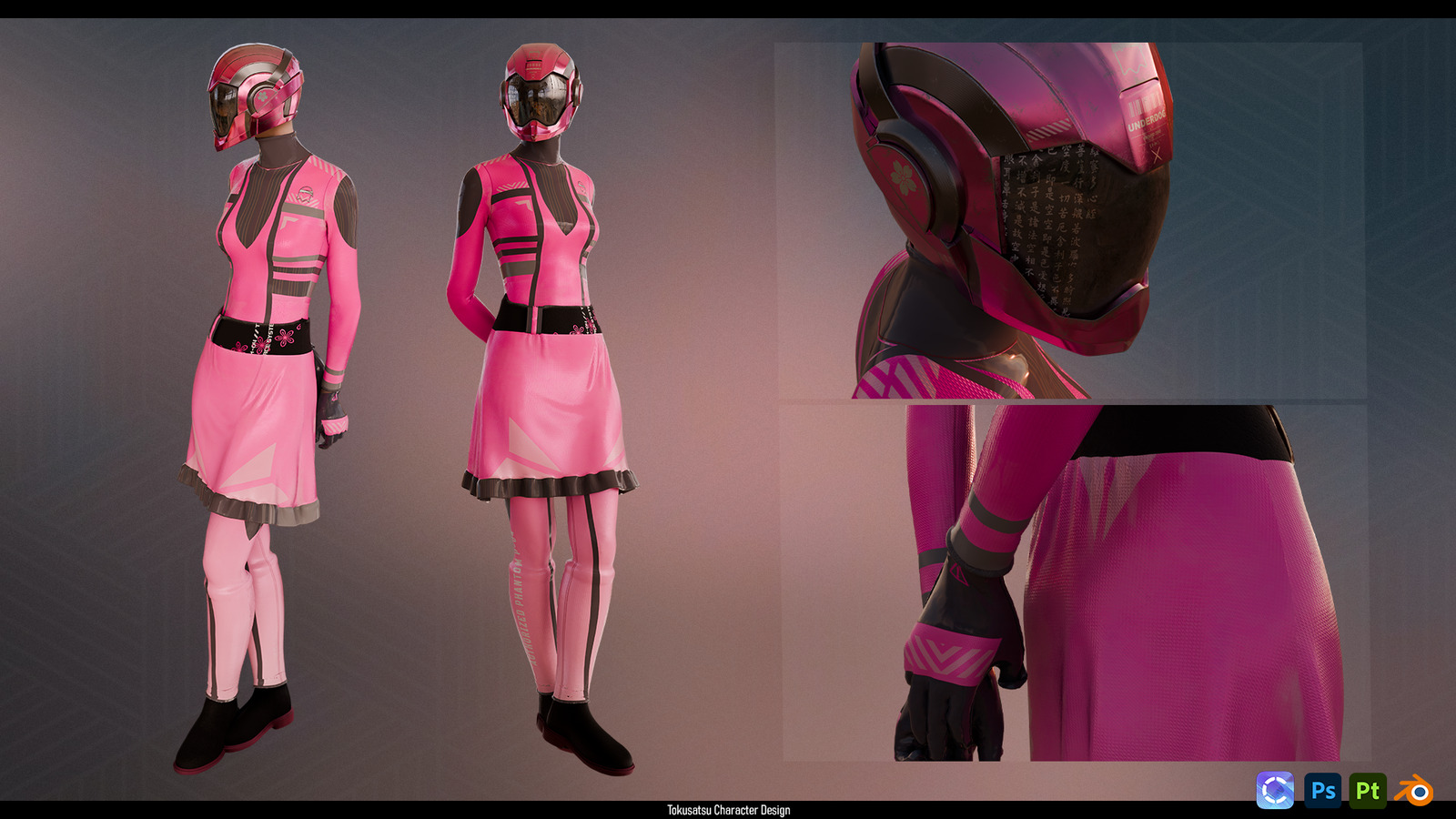 Tokusatsu character design with a pink helmet and outfit, shown in full-body and detail views